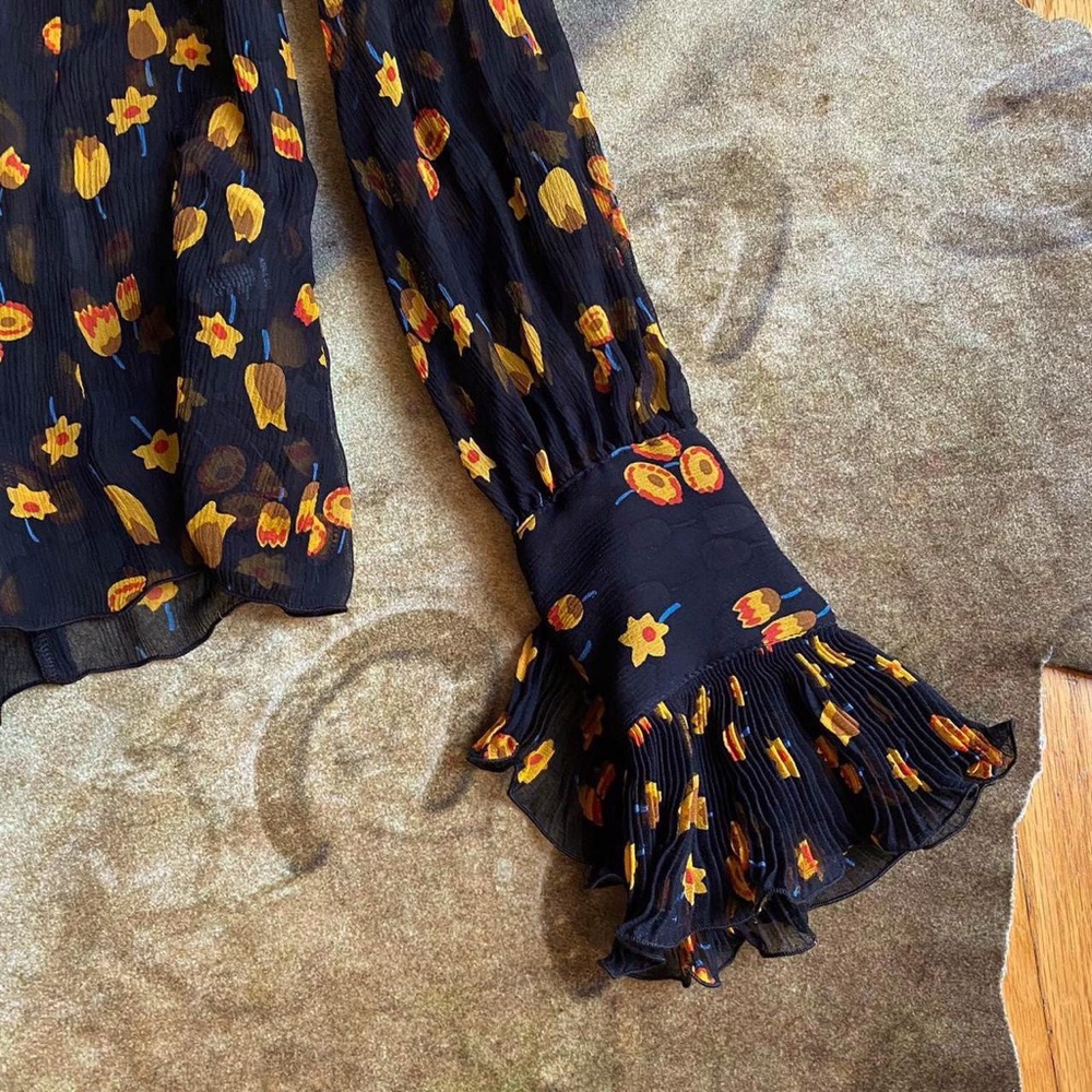 Nwt Anna sui fall floral print black orange yellow silk blouse size S - Picture 4 of 4